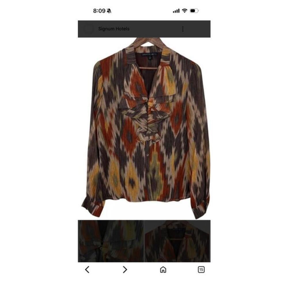NWT 100% Silk Lafayette 148 Women's Ruffled Button-Up Blouse southwestern fall 6 - Picture 1 of 7